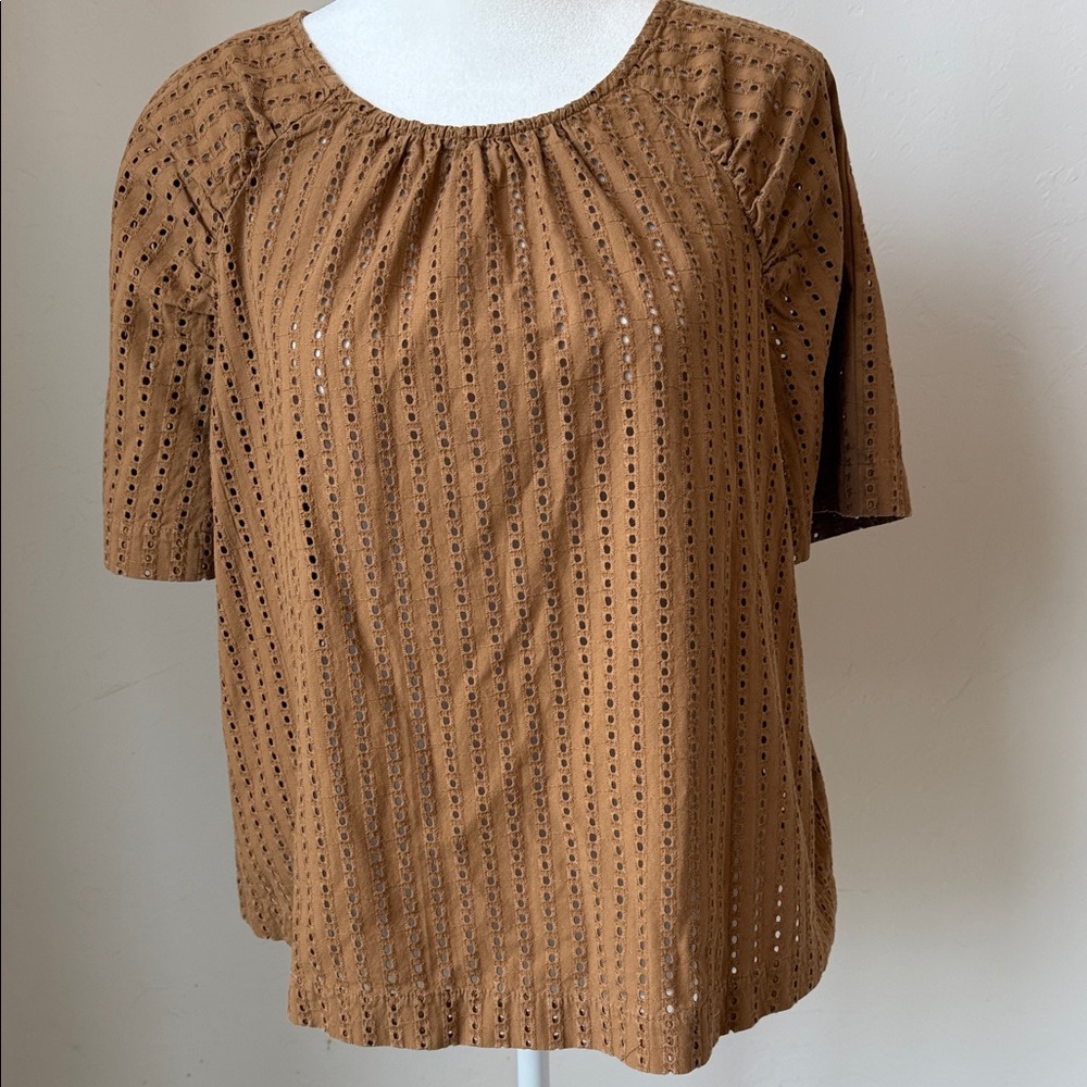 LOFT Brown Eyelet Short Sleeve Blouse